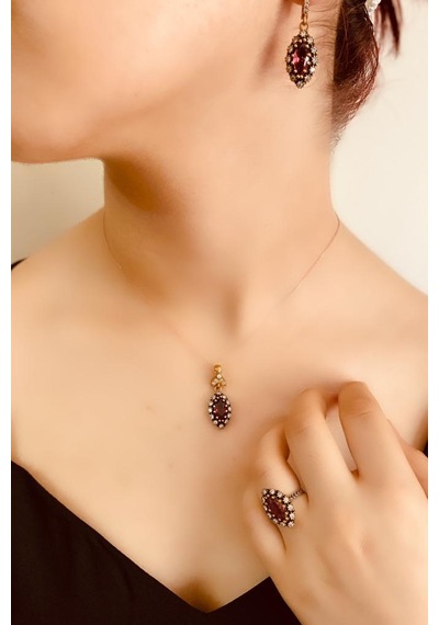Kırmızı Safir Taşlı 925 Ayar Gümüş Üçlü Otantik Set Takı