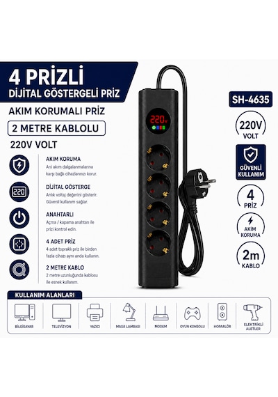 Sh-4635 4 Lü Akım Korumalı Priz Dijital Voltaj Göstergeli 2500w 2 Metre Kablolu Anahtarlı Topraklı Çoklu Grup Priz 2 M