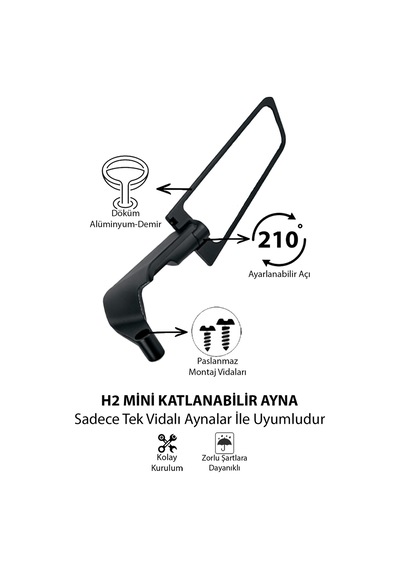 Katlanabilir H2 Mini Motosiklet Aynası Döküm Kasa Siyah