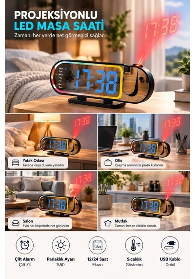 Led Dijital Masa Saati Şık Tasarım Alarm Özelliği Parlaklık Ayarı Sıcaklık Ve 12 24 Saat Gösterimi Diğer