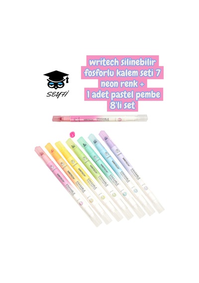 Writech Silinebilir Fosforlu Kalem Seti 7 Neon Renk + 1 Adet Pastel Pembe 8'li Set Çok Renkli