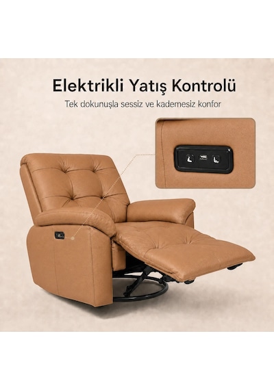 Smarto Relax Zürih Vıp Elektrikli Döner Sallanan Tv Koltuğu Kontrol Panelli Ergonomik Gerçek Deri Baba Koltuğu Açık Kahverengi