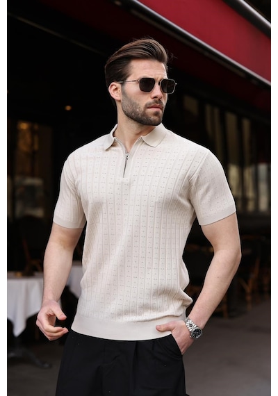 Taş Rengi Polo Yaka Slim Fit Triko Erkek Tişört E7465 Taş Rengi