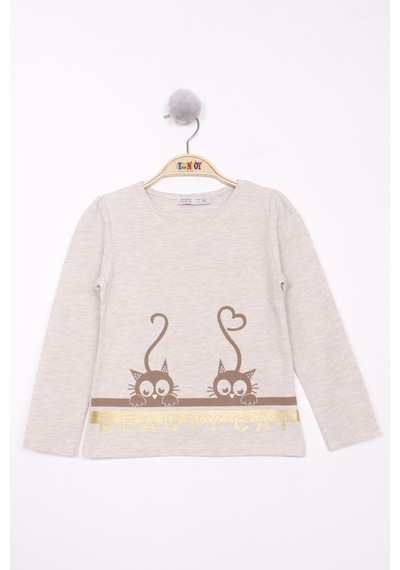 Toontoy Kids Toontoy Kız Çocuk Kedi Baskılı T-shirt Bej