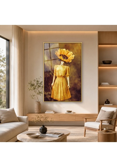 Ayçiçeği Başlı Sarı Elbiseli Kadın Gold Çerçeveli Cam Tablo