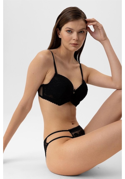 Pierre Cardin Lingerie Kadın Milan Push Up Dantelli Sütyen Tanga Takım Siyah