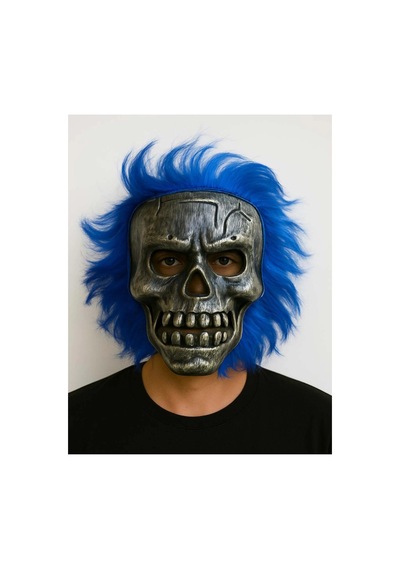 Wild Skull - Gümüş Kafatası Mavi Saçlı İskelet Maske Bx40 Diğer