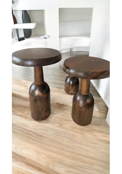 Wood Ahşap 3 Lü Set Mantar Yan Sehpa Konik Model / Ceviz Renk / Zigon Sehpa Kahverengi