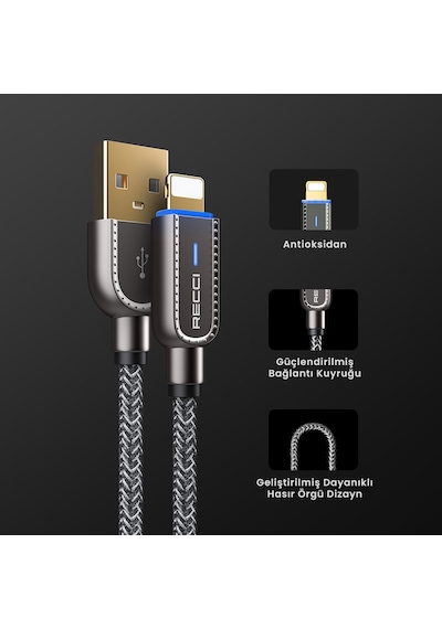 Recci RS02L Smart Power-Off Serisi Lightning to USB-A 1M Hızlı Şarj Kablo