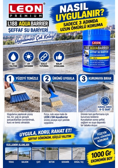 Leon Premium L188 Aqua Barrier Şeffaf Su Yalıtım Bariyeri 1000 Gr Uv Ve Hava Koşullarına Dayanıklı