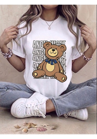 Unisex Ayıcık Baskılı Kompakt T-shirt Beyaz