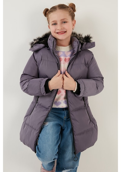 Lela Peluş Astarlı Yakası Suni Kürklü Çıkarılabilir Kapüşonlu Kışlık Kız Çocuk Mont 5760072 Lila