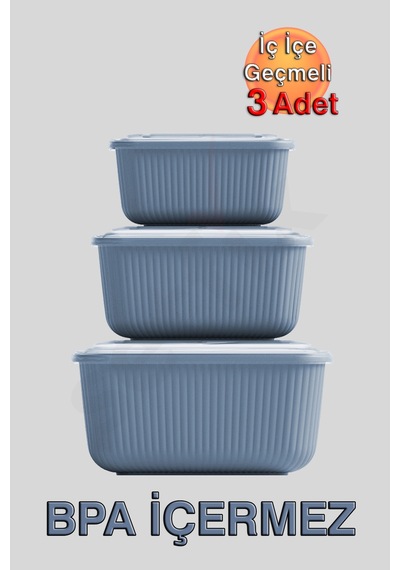 İç İçe Geçmeli Snaplid Dikdörtgen Saklama Kabı 600 - 1100 - 1800 Ml Üçlü Set Mavi