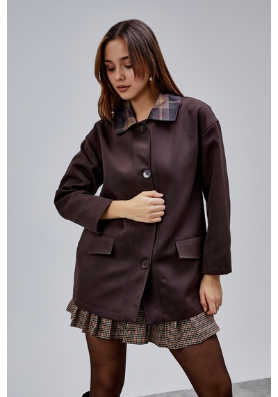 Mia Acı Kahve Ekose Yaka Cepli Oversize Trençkot Kahverengi