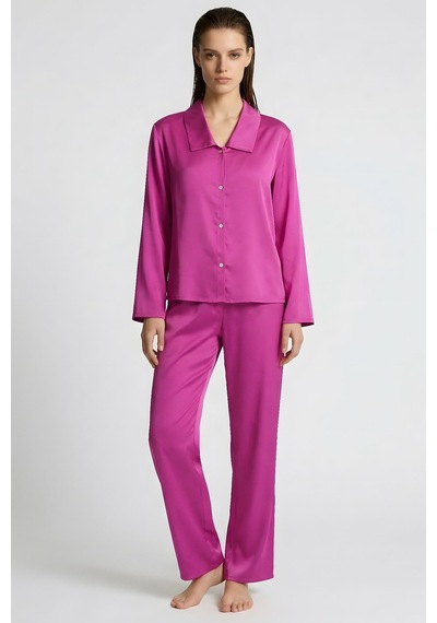 Amoris Fuşya Uzun Saten Pijama Takımı