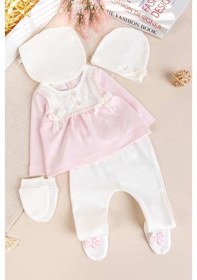 Babymod Fistolu 100% Pamuk Kız Bebek Takım 5'li Set Pudra