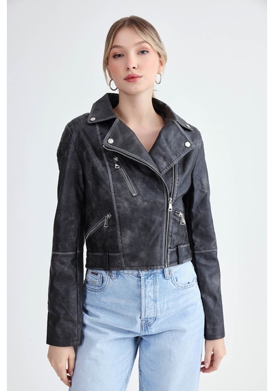 Vitrin Fermuarlı Suni Deri Crop Biker Ceket Siyah