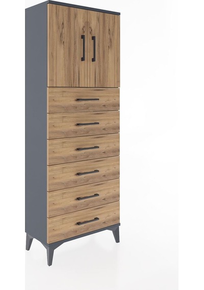Arges Dolap 2 Raflı 6 Çekmeceli 2 Kapaklı 60x30x163 Antrasit-çam Antrasit