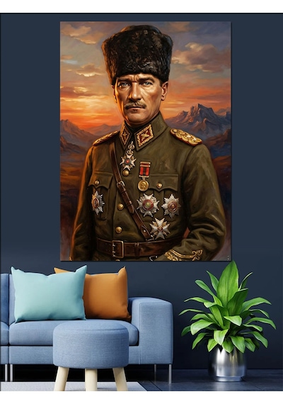 Askeri Üniformalı Atatürk Portre Tablo Dekoratif Kanvas - Mdf Ahşap Tablo