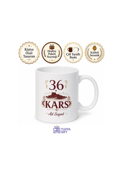 Kars Plaka Kodlu Seramik Kupa Bardak 36 Kars Hediye Özel Tasarım Beyaz / Çok Renkli