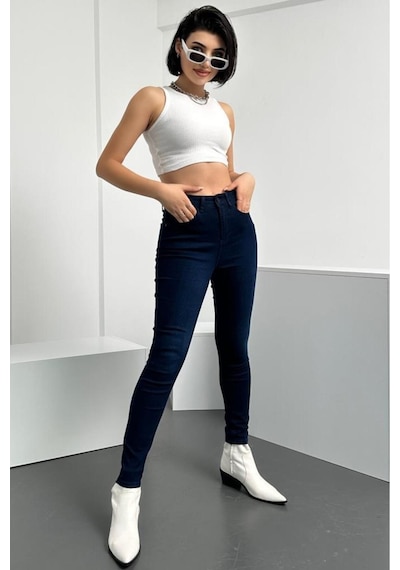 HLT Jeans Kadın Blue Black Süper Skinny Fit Esnek Likralı Yüksek Bel Denim Jean Kot Pantolon HLTJENNİE-BLUE BLACK-K Çok Renkli