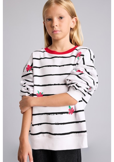 Defacto Relax Fit Çizgili Çiçekli Bisiklet Yaka Uzun Kollu Sweatshirt Kız Çocuk I4151a826auwt34 Beyaz-wt34