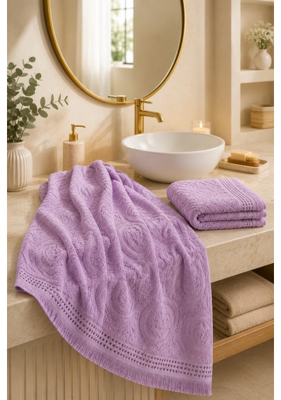 Paisley Desenli Saçaklı 2 Li Baş Ve Banyo Havlusu Seti 50x90 + 90x150 Cm - Lila