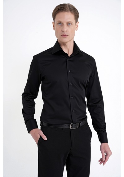 Slim Fit İtalyan Yaka %100 Pamuk Saten Düz Siyah Gömlek Gk 759