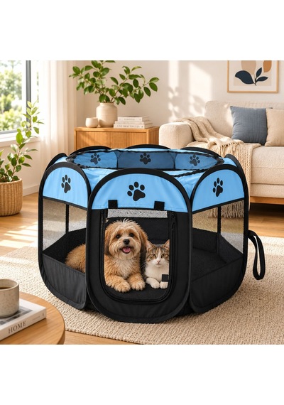 Patibon Evcil Hayvan Katlanabilir Sekizgen Oyun Parkı Kedi Doğum Odası Mavi 75x43 Cm