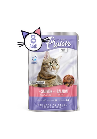 Plaisir Somonlu ve Morina Balıklı Pouch Yetişkin Kedi Yaş Maması 8 x 100 G