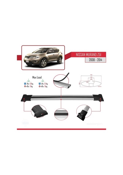 Nissan Murano Z51 2008-2014 Arası İle Uyumlu Fly Model Ara Atkı Tavan Barı Gri