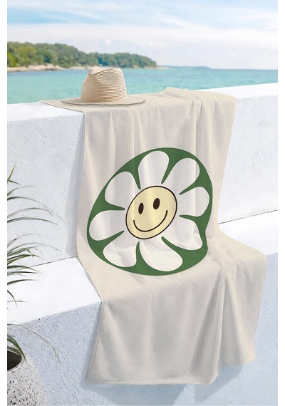 Papatya Motifli Smile Plaj Havlusu - Minimalist Bohem Yeşil Krem Hızlı Kuruyan Mikrofiber Havlu Sessiz Akasya