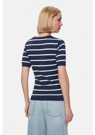 Mısha Lacivert Çizgili Bisiklet Yaka Triko Nakışlı Standard Fit Kadın Tshirt Lacivert