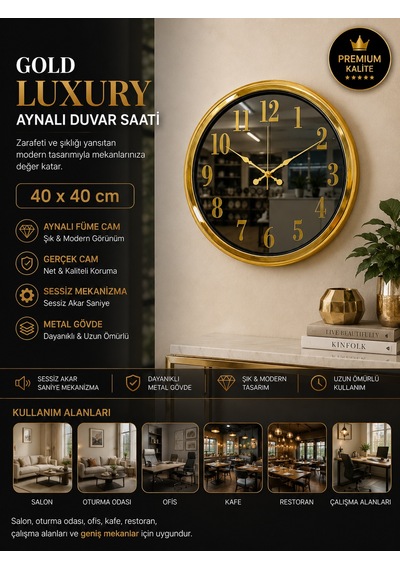 Gold Luxury Aynalı 40 X 40 Cm Duvar Saati