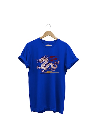 Mitolojik Asya Çin Ejderha Baskılı %100 Pamuk Regular Fit Bisiklet Yaka Mavi T-shirt Mavi