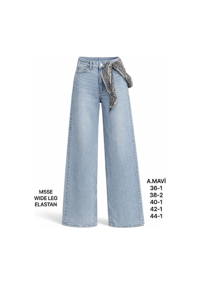 Miss Poem Kadın Açık Mavi Fularlı Yüksek Bel Wide Leg Jean Pantolon A.mavi