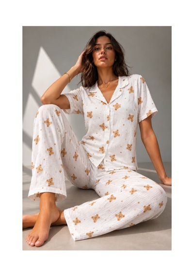 Fit Women Kadın Klasik Doğal Düğme Gece Kırık Beyaz Pijama Takımı