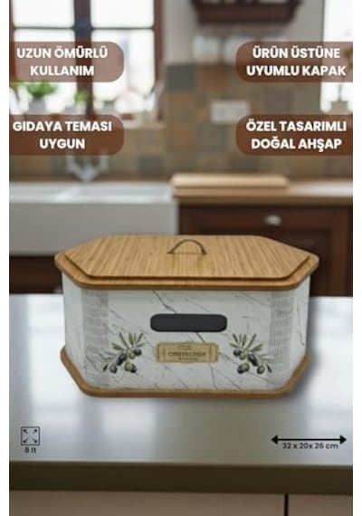 Geleneksel Tasarım Kapaklı Büyük Ekmeklik Altıgen Ahşap Ekmek Sepeti Mermer Desenli