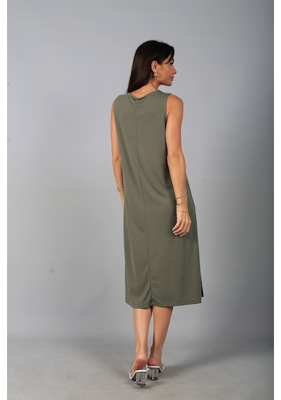 By Saygı Kadın V Yaka Ön Pervazlı Pike Kumaş Kolsuz Oversize Midi Elbise Haki