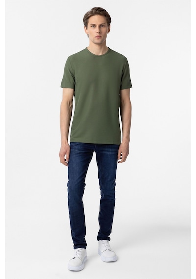 Süvari Koyu Haki Slim Fit Armürlü Bisiklet Yaka Tişört-37381 Koyu Haki