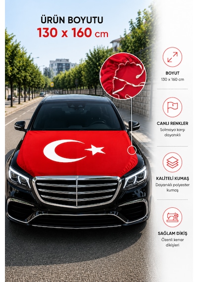 Türkiye Kaput Bayrağı 130x160 Cm - Universal Lastikli Araç Kaput Bayrağı Oto Türk Bayrağı Araç Süsü