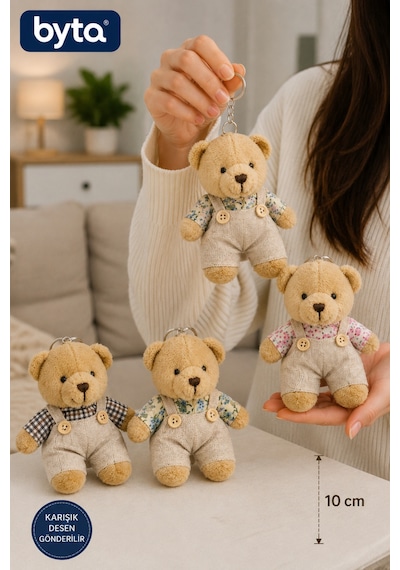 Peluş Ayıcık Anahtarlık 10 Cm Karışık Desenli Çanta Süsü Ve Anahtar Aksesuarı 1 Adet - Hediyelik Ekru