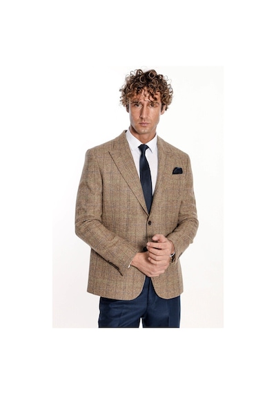 Wessi Balıksırtı Desen Slim Fit Yün Taba Erkek Ceket Taba