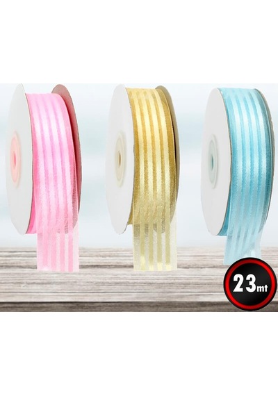 Şifon Kurdele. 4 Yollu ve Saten Çizgili. 2.50 Cm X 23 Mt - Pembe