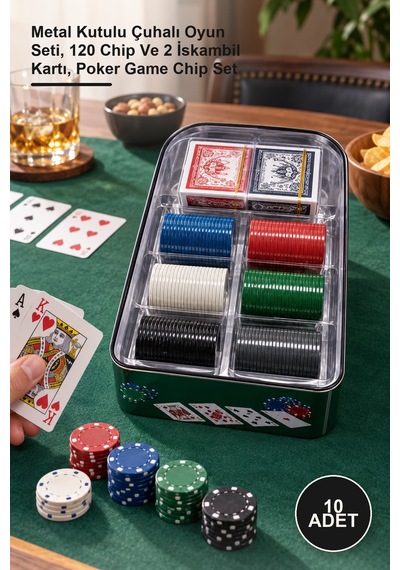 10 Adet Poker Seti Metal Kutulu Çuhalı Oyun Seti, 120 Chip Ve 2 İskambil Kartı, Poker Game Chip Set
