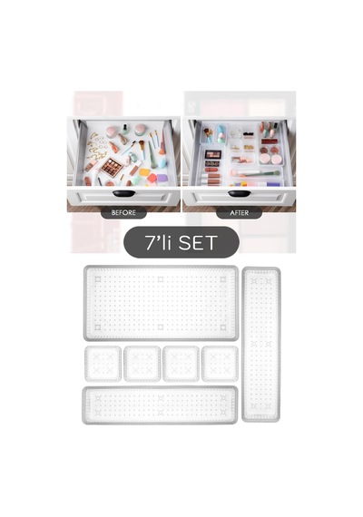 Tr 7 Parça Modüler Organizer Set - Kozmetik Aksesuar Düzenleyici Şeffaf Genel