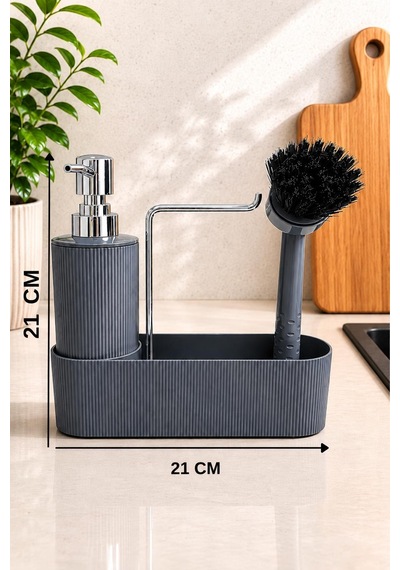 Gri Mutfak Düzenleyici Sabunluk Ve Fırçalık Seti Lavabo Üstü Organizer