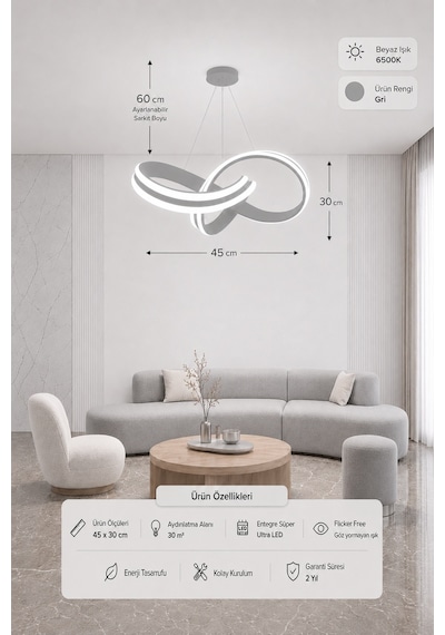 Arona Led Sarkıt Avize Beyaz Işık Gri