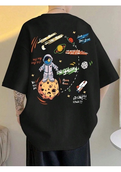 Startmore Unisex Siyah The Galaxy Gezegen Baskılı Oversize Bisiklet Yaka Tshirt Siyah