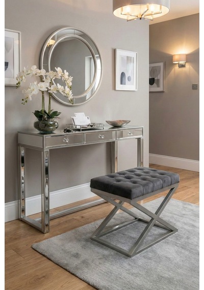 Nexus Babyface Kapitoneli Puf - Krom Metal X Ayaklı Modern Bench 50x40 Cm Antrasit